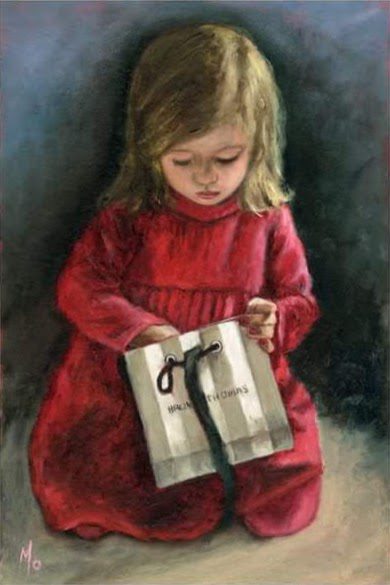 Little girl red dress reaching into a Brown Thomas bag