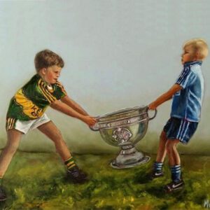 Two boys Dublin and Kerry fighting over the Sam Maguire