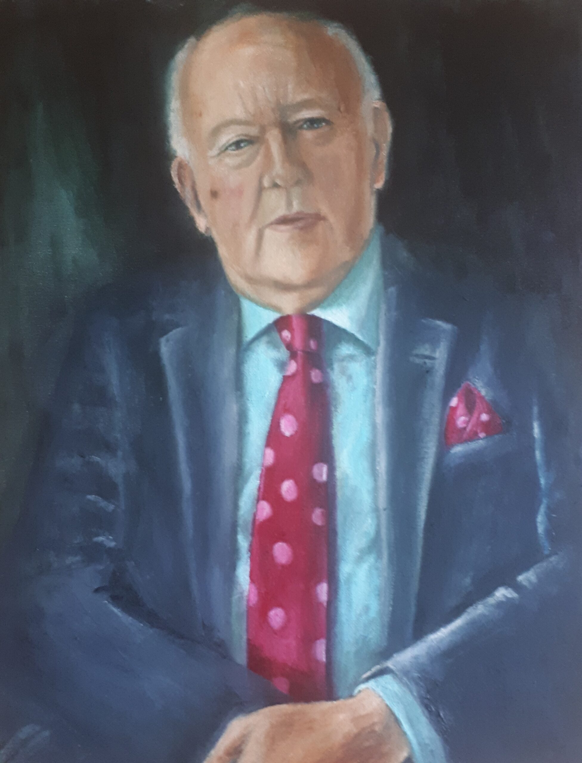 Oil Painting of a man in suit wearing a polka dot tie