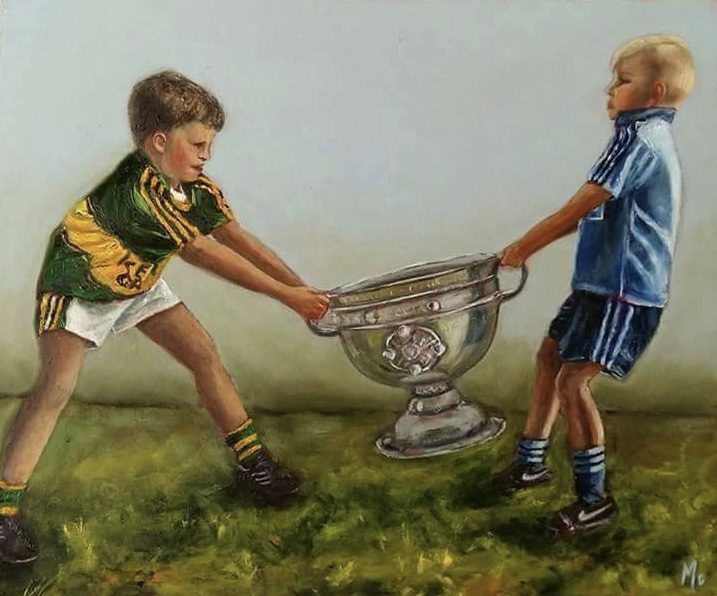 Two boys fighting over Sam Maguire by Maureen O'Mahony Art