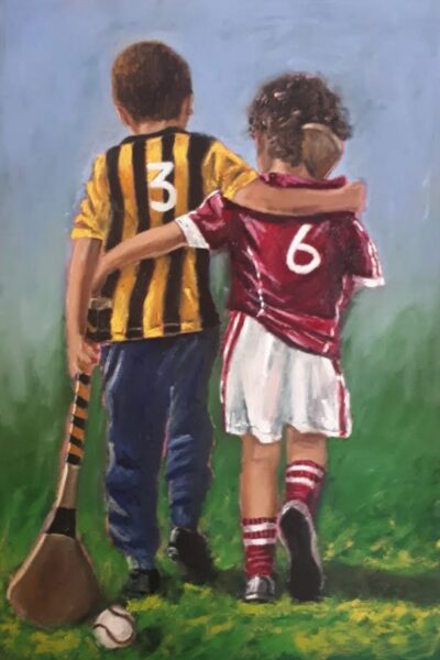 Two boys arms around each other GAA jerseys walking home after hurling match