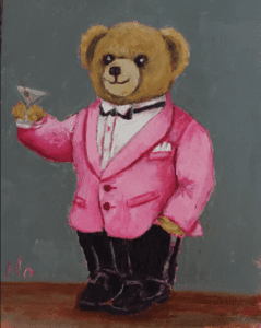 Always Shaken Irish Art Teddy Bear wearing pink Tuxedo drinking a martini