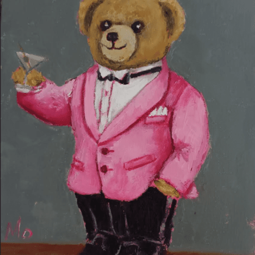 Always Shaken Irish Gifts Irish Art Teddy Bear wearing pink Tuxedo drinking a martini
