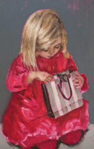 Irish giftsIrish Art Little girl blonde hair looking in a brown Thomas bag