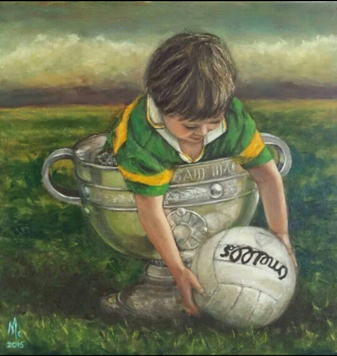 Little boy in the Sam Maguire Cup picking up a football irish gifts Irish Art