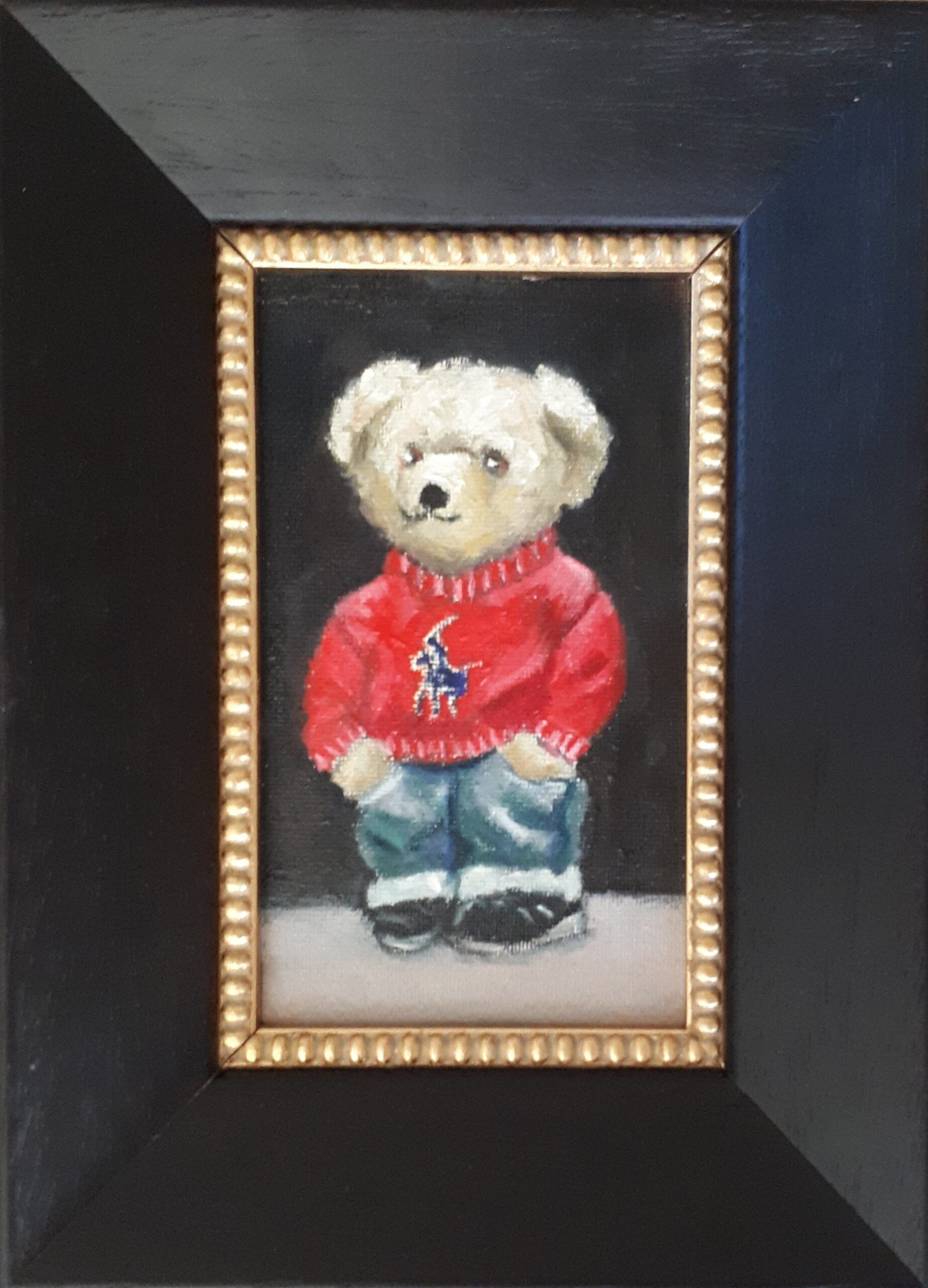 Little teddy bear in a sweater with Ralph Lauren logo and jeans Irish Art irish gifts
