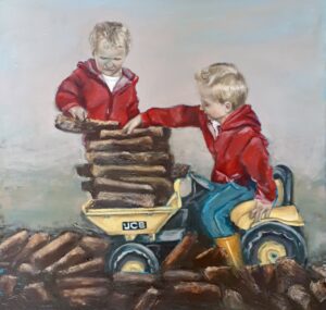 Twin boys loading a digger with turf #Irish Art, #irish gifts,