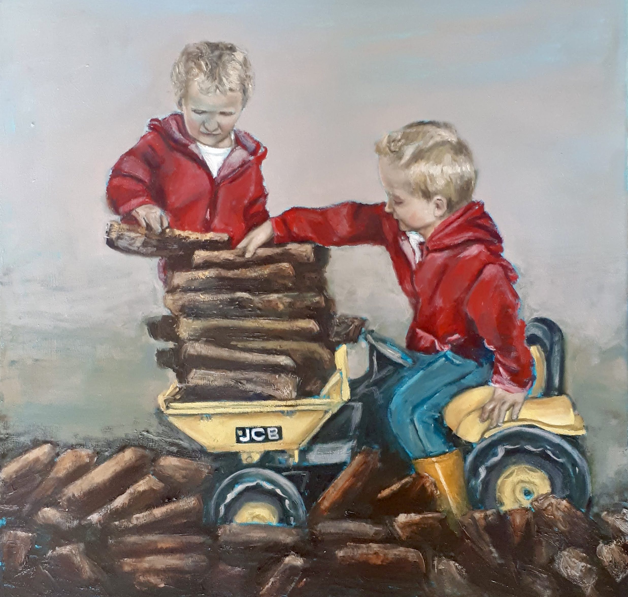 Twin boys loading a digger with turf #Irish Art, #irish gifts,