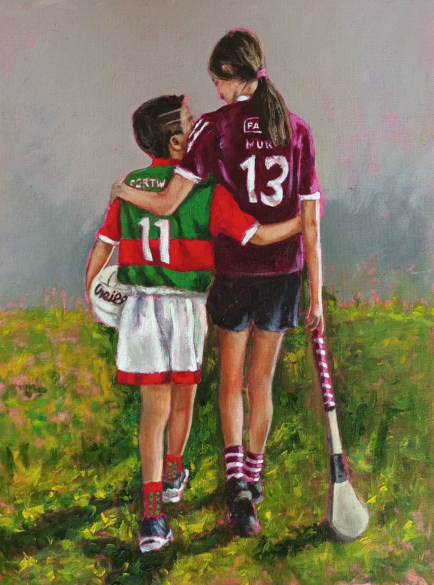 Boy and girl arm in arm GAA jerseys walking #irishgifts #irishart