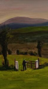 Farmer standing at the gate looking towards the mountains Original Irish Art Landscape