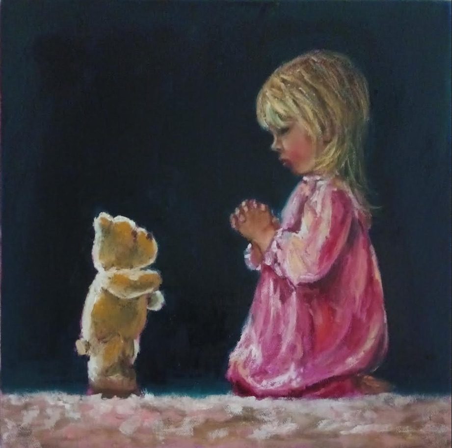 Irish Art Divine Light little girl in prayer pose with her teddybear