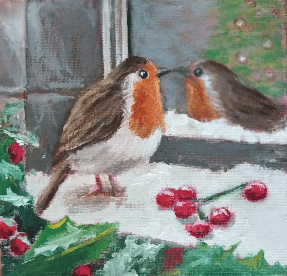 Reflections Irish Art A robin looking through a window at a Christmas scene