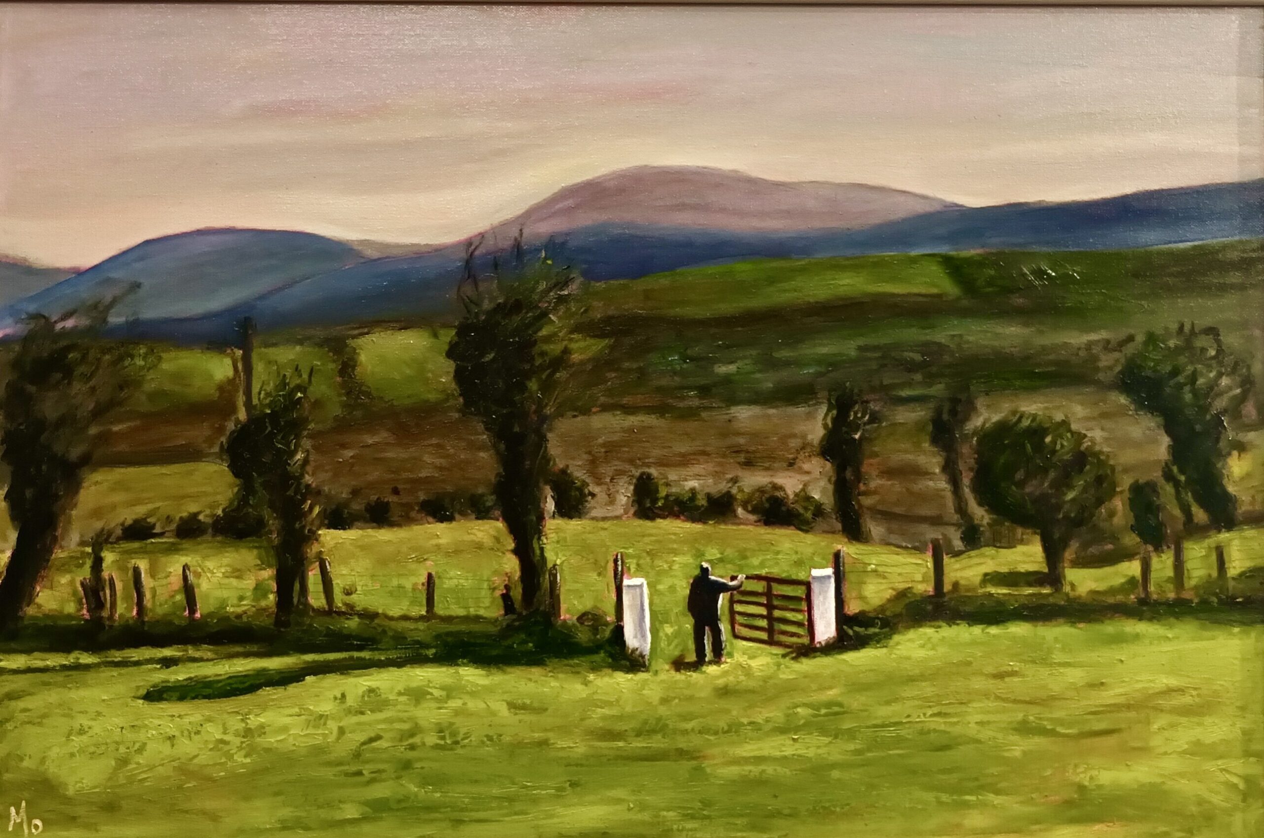 Man closing a gate looking out at the mountains