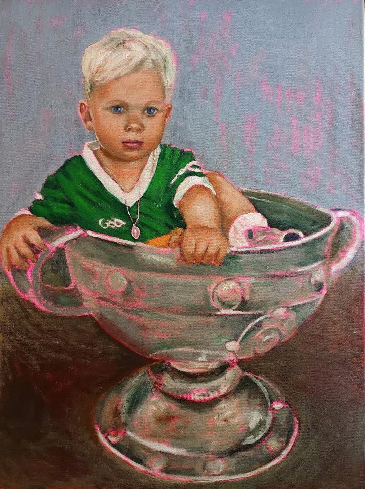 Blonde haired blue eyed boy in the Sam Maguire wearing a Kerry Jersey #irishart #irishgifts