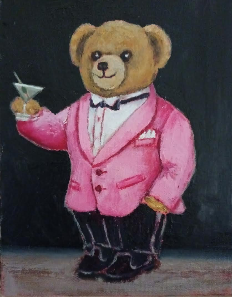 Teddy bear wearing a pink tux drinking a martini,